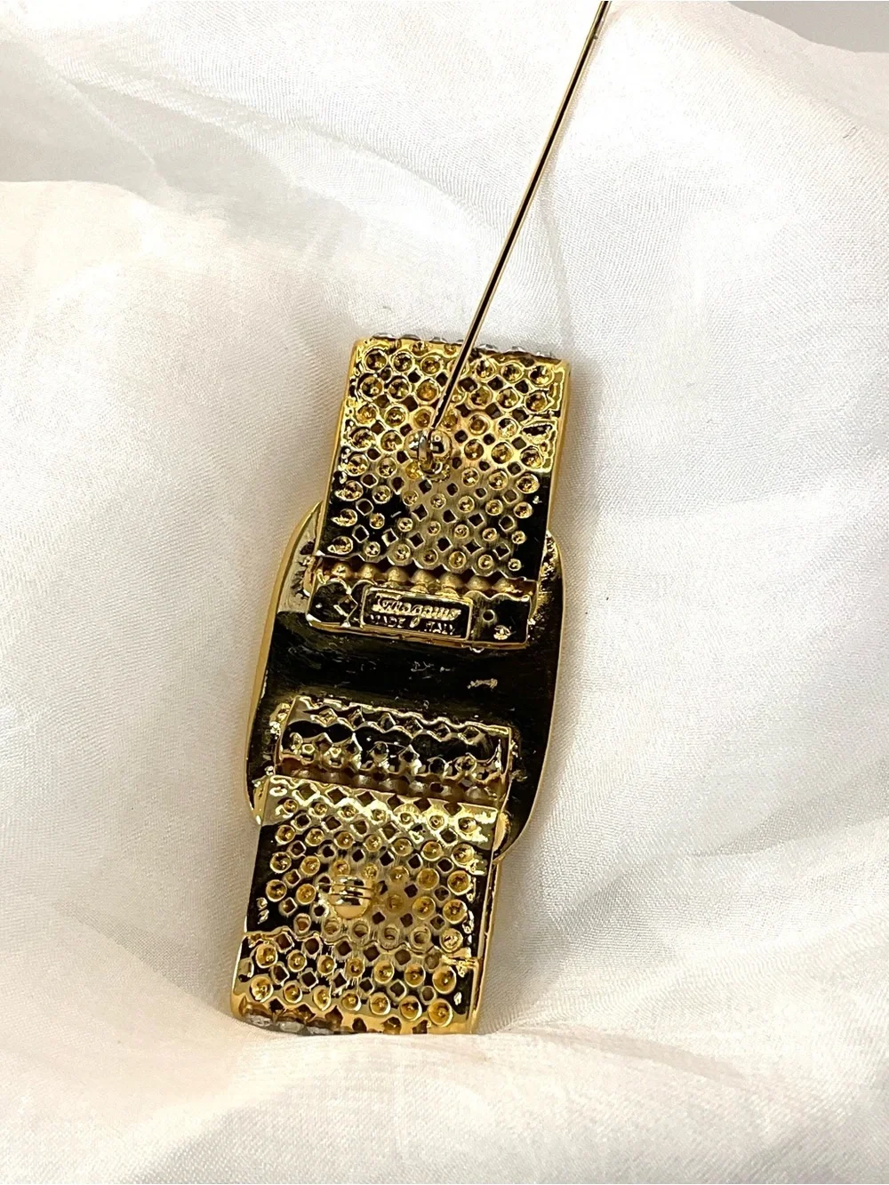 Salvatore Ferragamo Gold and Crystal Vara-Style Bow Brooch